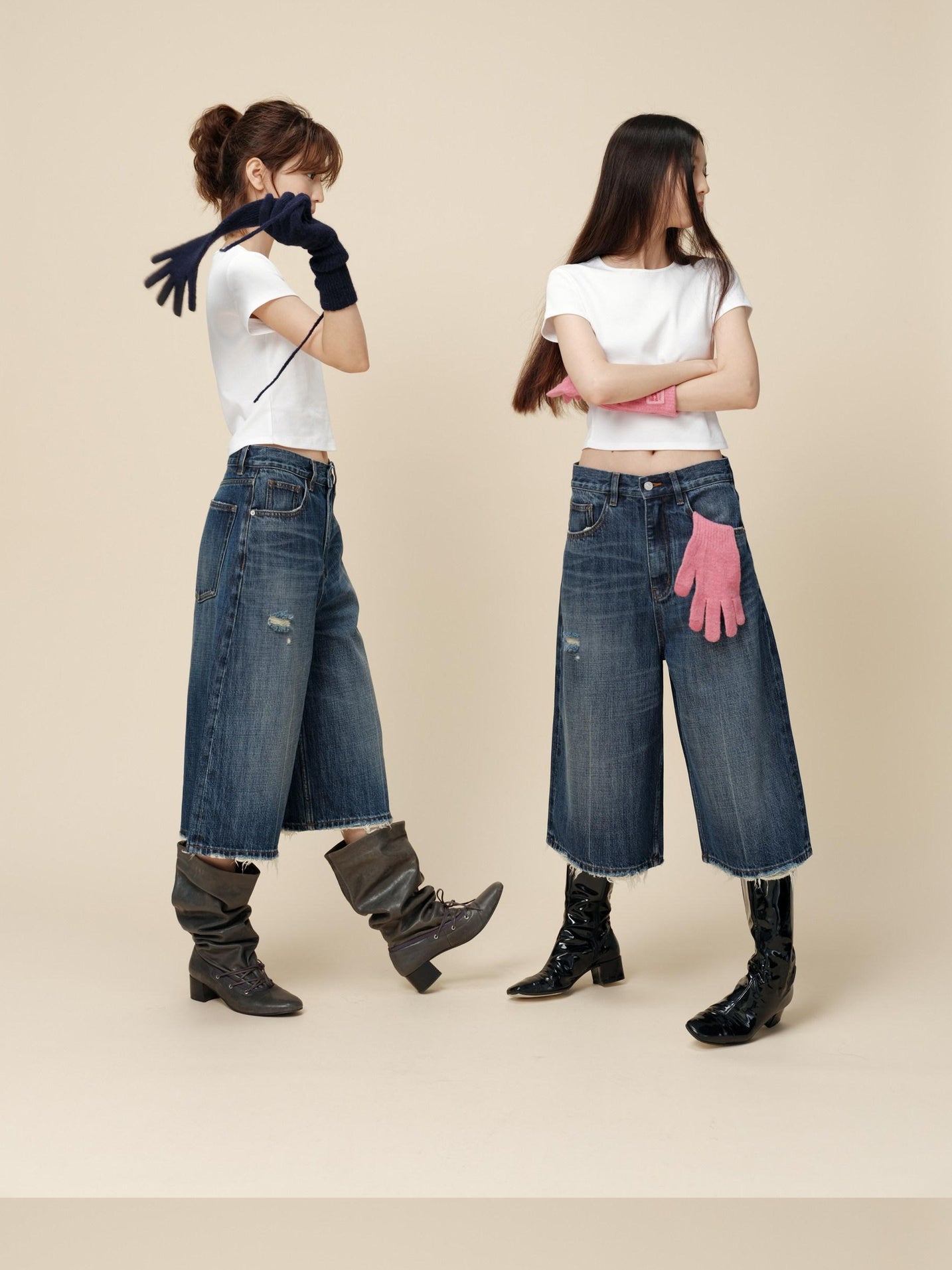 Miroment High Waist Button Fly Minimal Straight Ripped Women Cotton Cropped Jeans