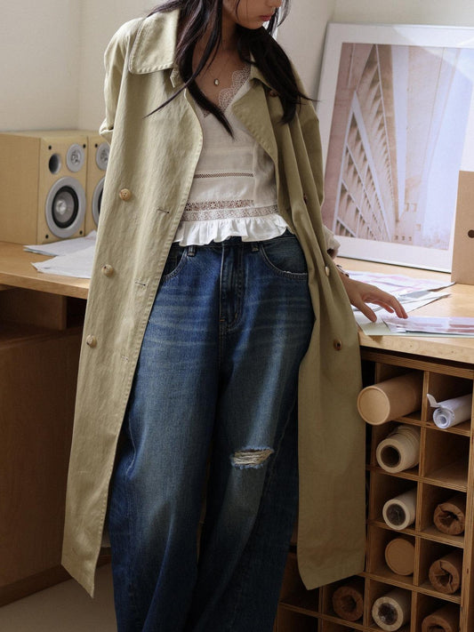 Miroment Cotton Blend Chinese Loose Fit Double Breasted Slit Hem Women Long Trench Coat