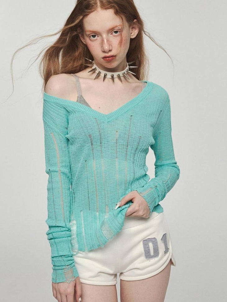 1JINN STUDIO Lightweight V-neck Hollowed Slim Waist Pullover Viscose Sweaters