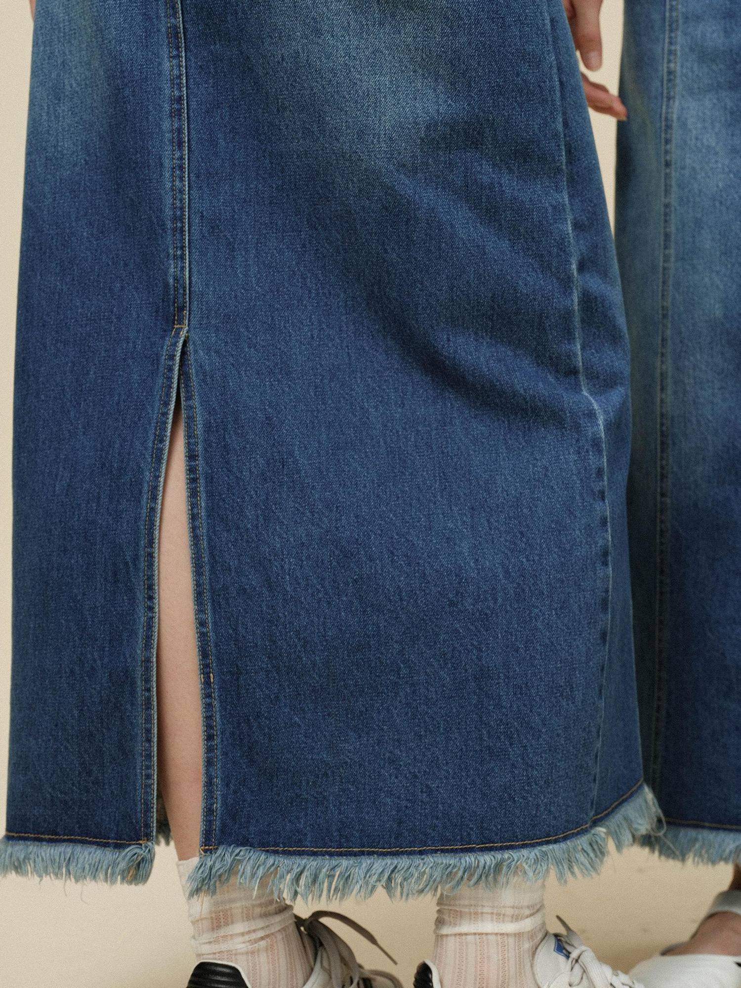 Miroment High Waist Vintage Distressed Fringed H Line Straight Cotton Women Denim Skirt