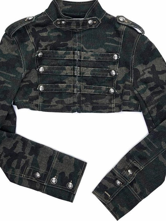 1JINN STUDIO Camo Military Green Double Breasted Cropped Long Sleeve Women Top & Shorts Sets