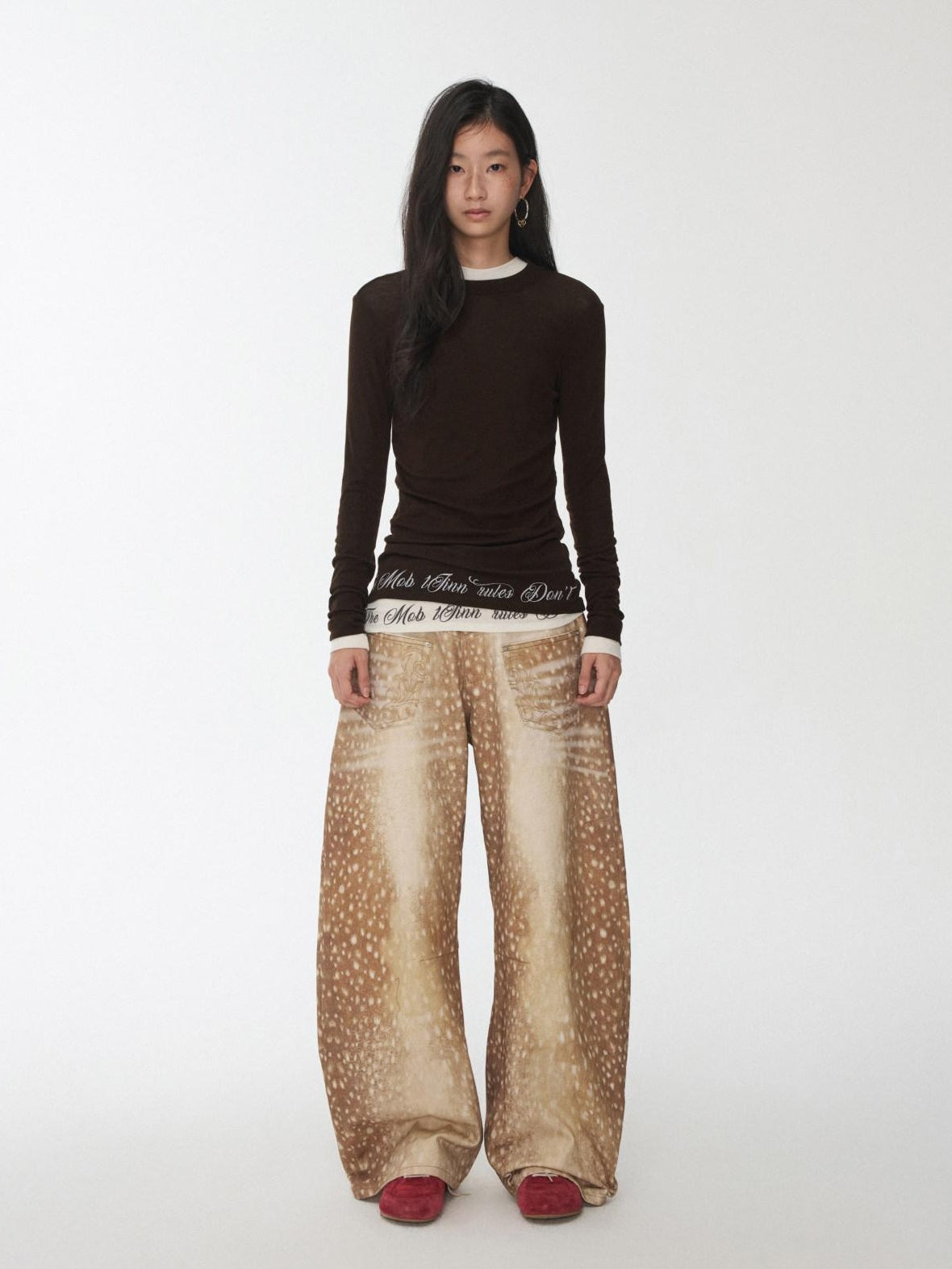 1JINN STUDIO Embroidered Low Waist Vintage Loose Fit For Women Deer Print Wide Leg Pants