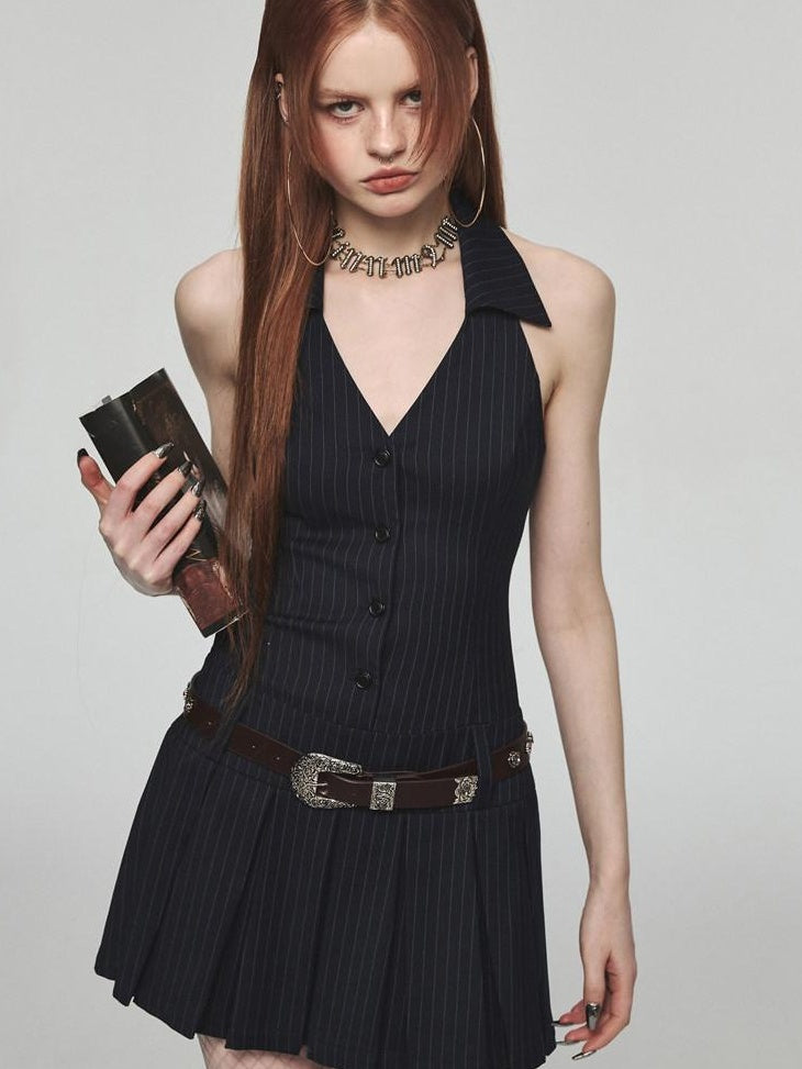 1JINN STUDIO Cinched Waist Halter V-neck A Line Office Slim Fit Navy Blue Mini Dresses