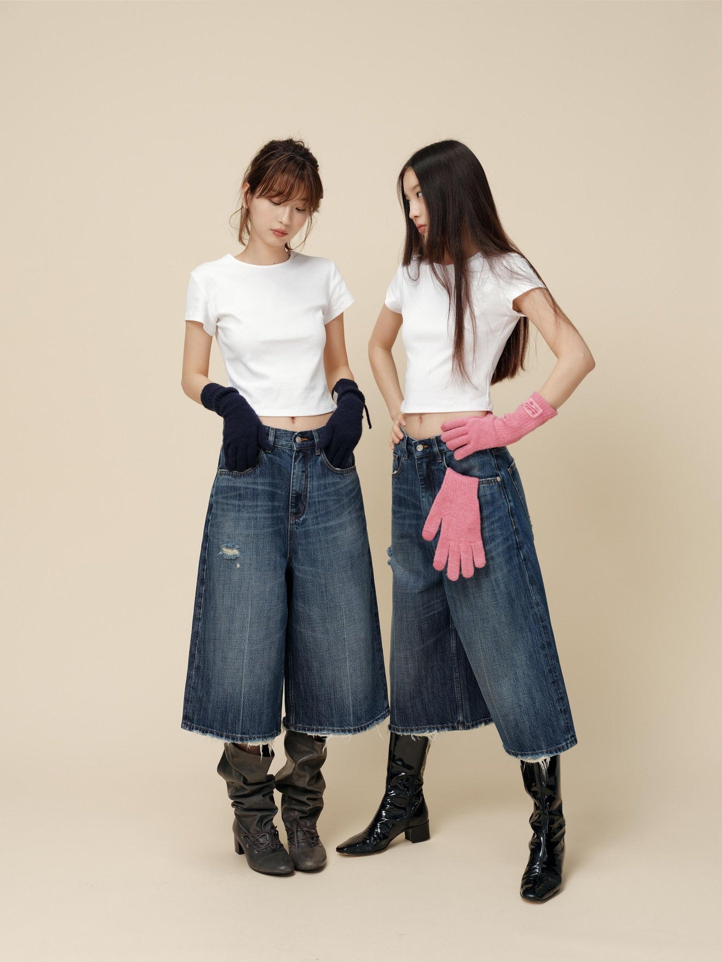 Miroment High Waist Button Fly Minimal Straight Ripped Women Cotton Cropped Jeans