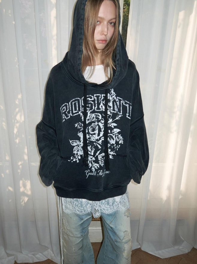 1JINN STUDIO Washed Cotton Rose Print Relaxed Fit Pullover Ruched Sleeves Girls Casual Hoodie