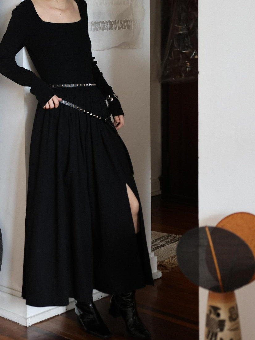 Miroment Soft Cotton Wool Blend Elegant Pleated Patchwork Mid Waist Maxi Dresses