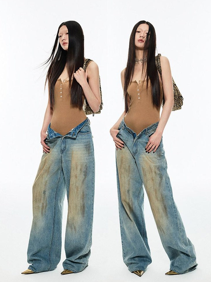 1JINN STUDIO Light Wash Relaxed Natural Waist Zip Fly No Stretch Casual Wide Leg Jeans