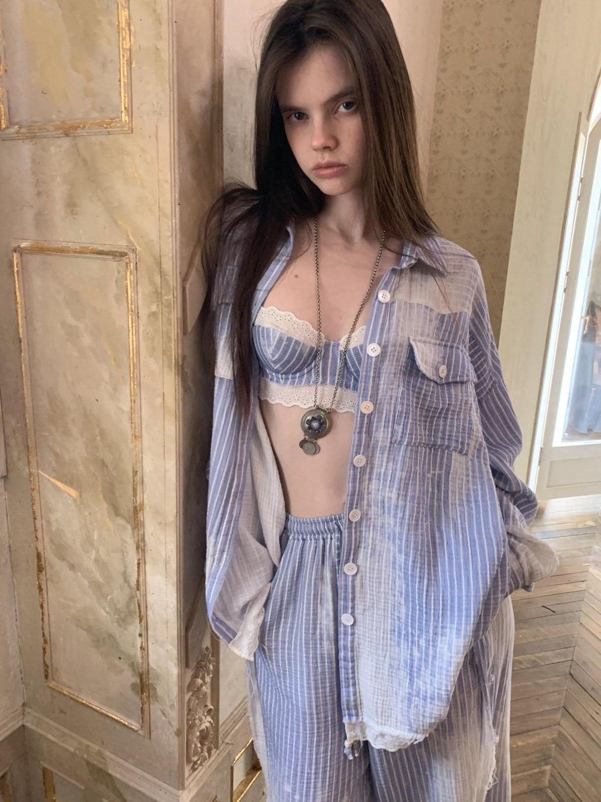 1JINN STUDIO Striped Lace Cotton Three Piece Straight Fit Female Shirt Style Tube Tops