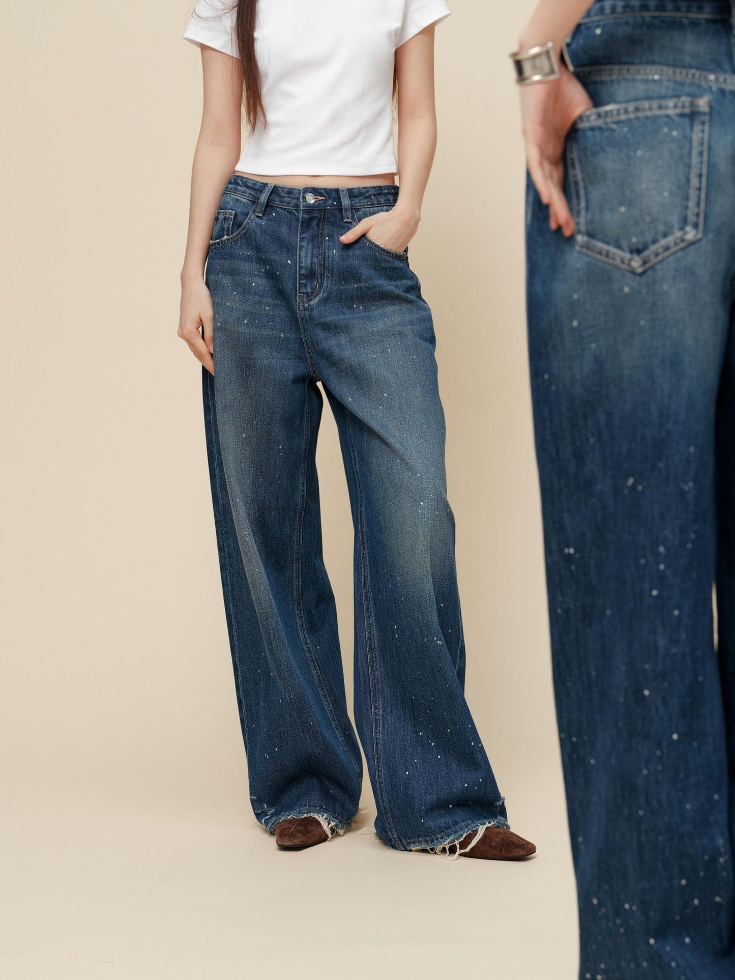 Miroment Washed Rebel Straight Natural Waist Women Button Fly No Stretch Denim Jeans