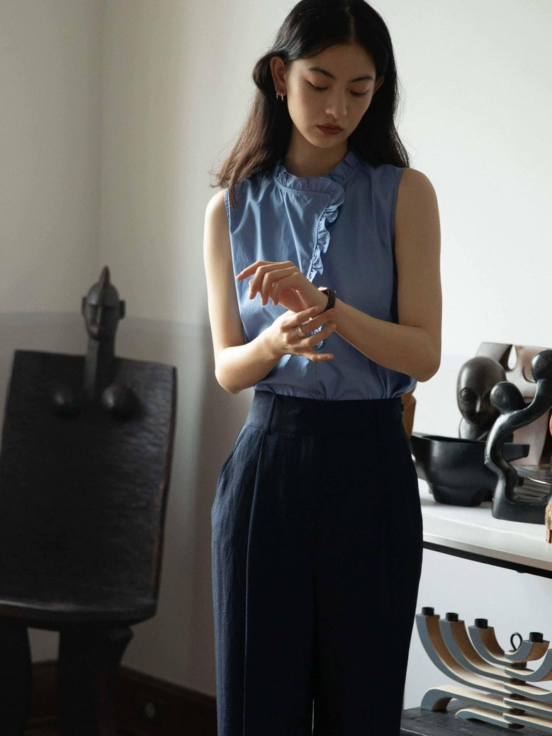Miroment Uv Protection Silky Acetate High Waist Wide Leg Women Navy Casual Pants