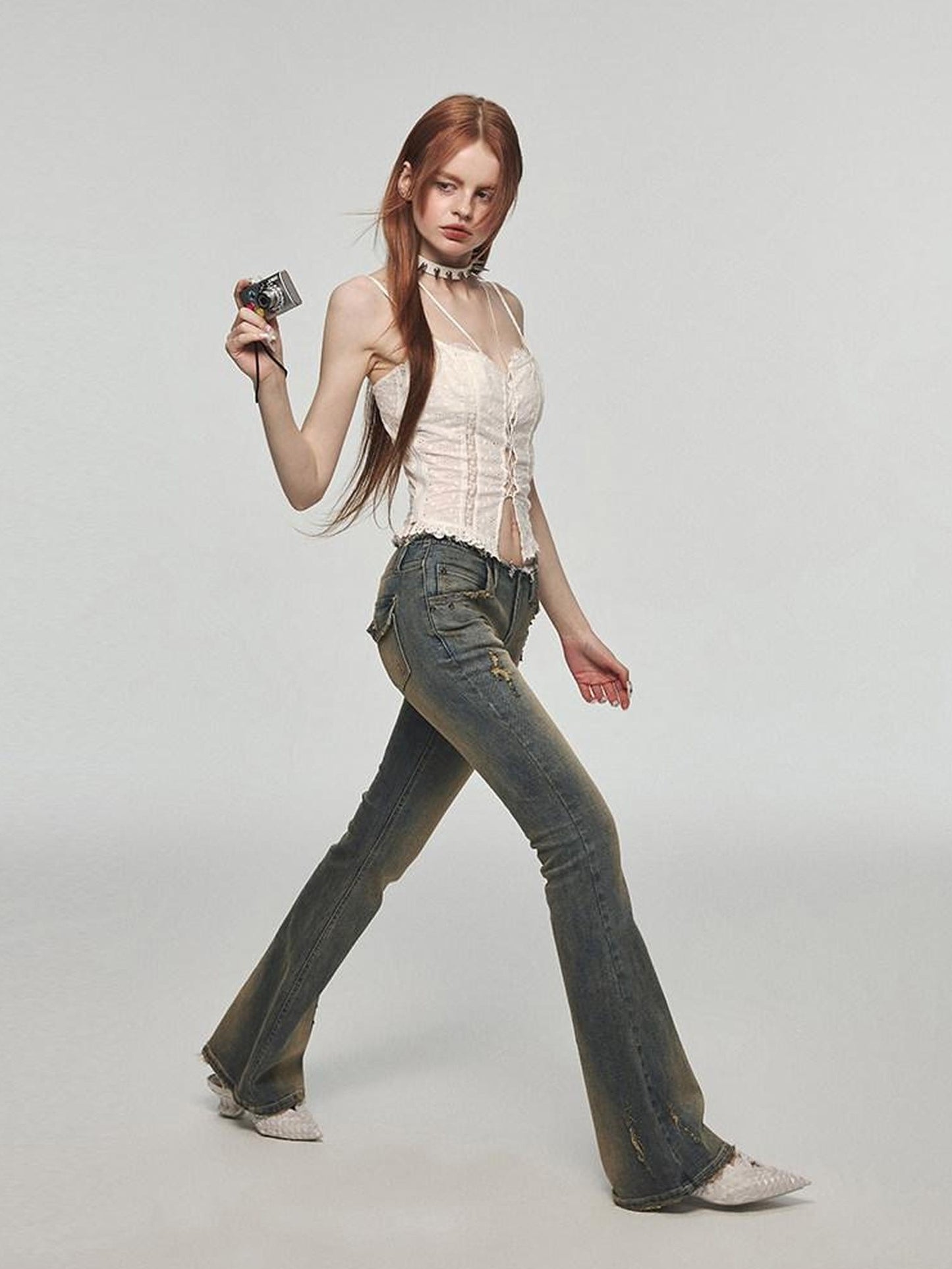 1JINN STUDIO Vintage Distressed Low Rise Slight Flare Blue Women Stretch Straight Leg Jeans