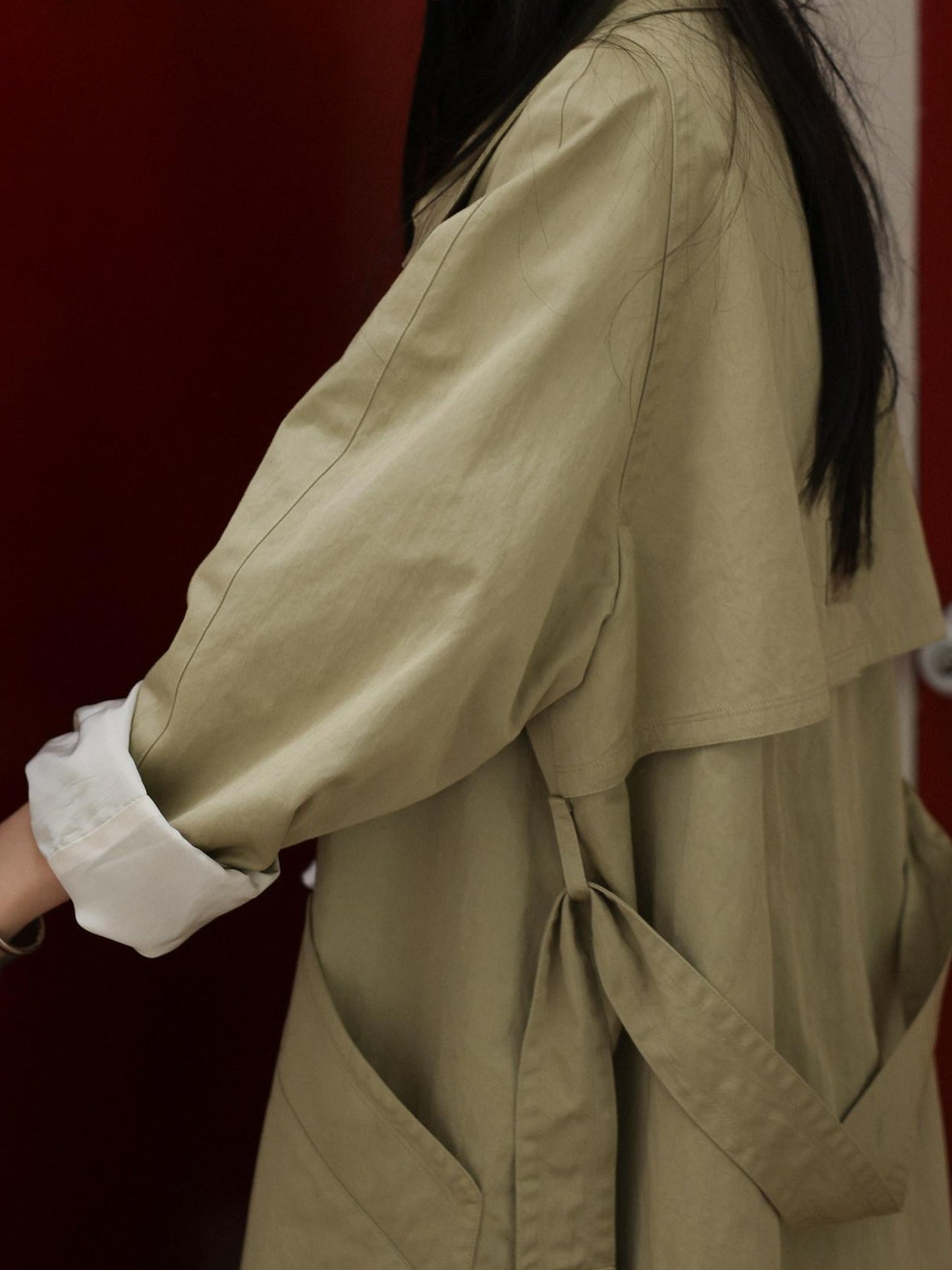 Miroment Cotton Blend Chinese Loose Fit Double Breasted Slit Hem Women Long Trench Coat