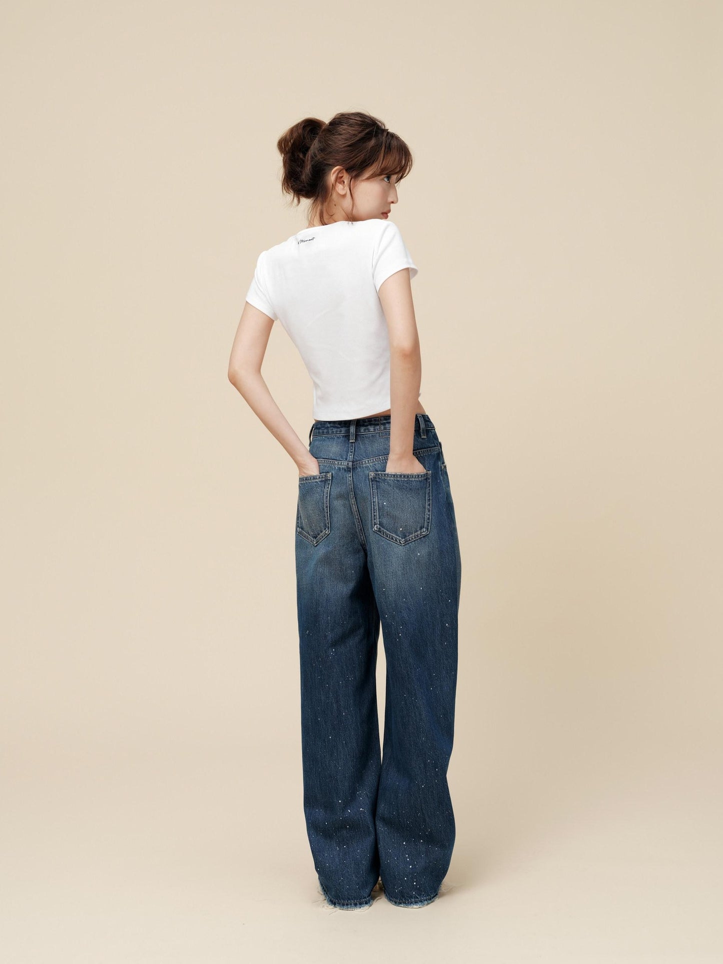 Miroment Washed Rebel Straight Natural Waist Women Button Fly No Stretch Denim Jeans