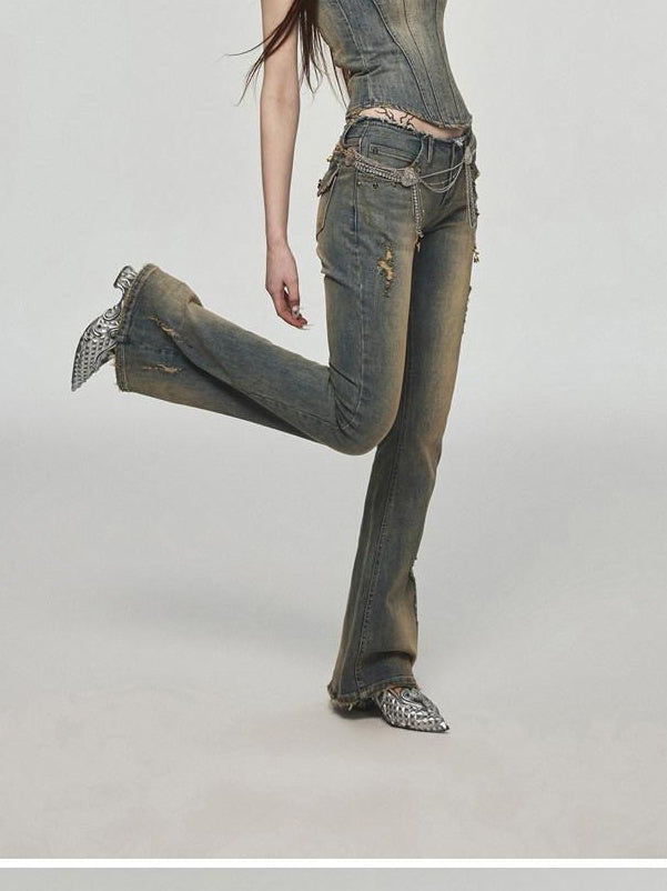 1JINN STUDIO Vintage Distressed Low Rise Slight Flare Blue Women Stretch Straight Leg Jeans