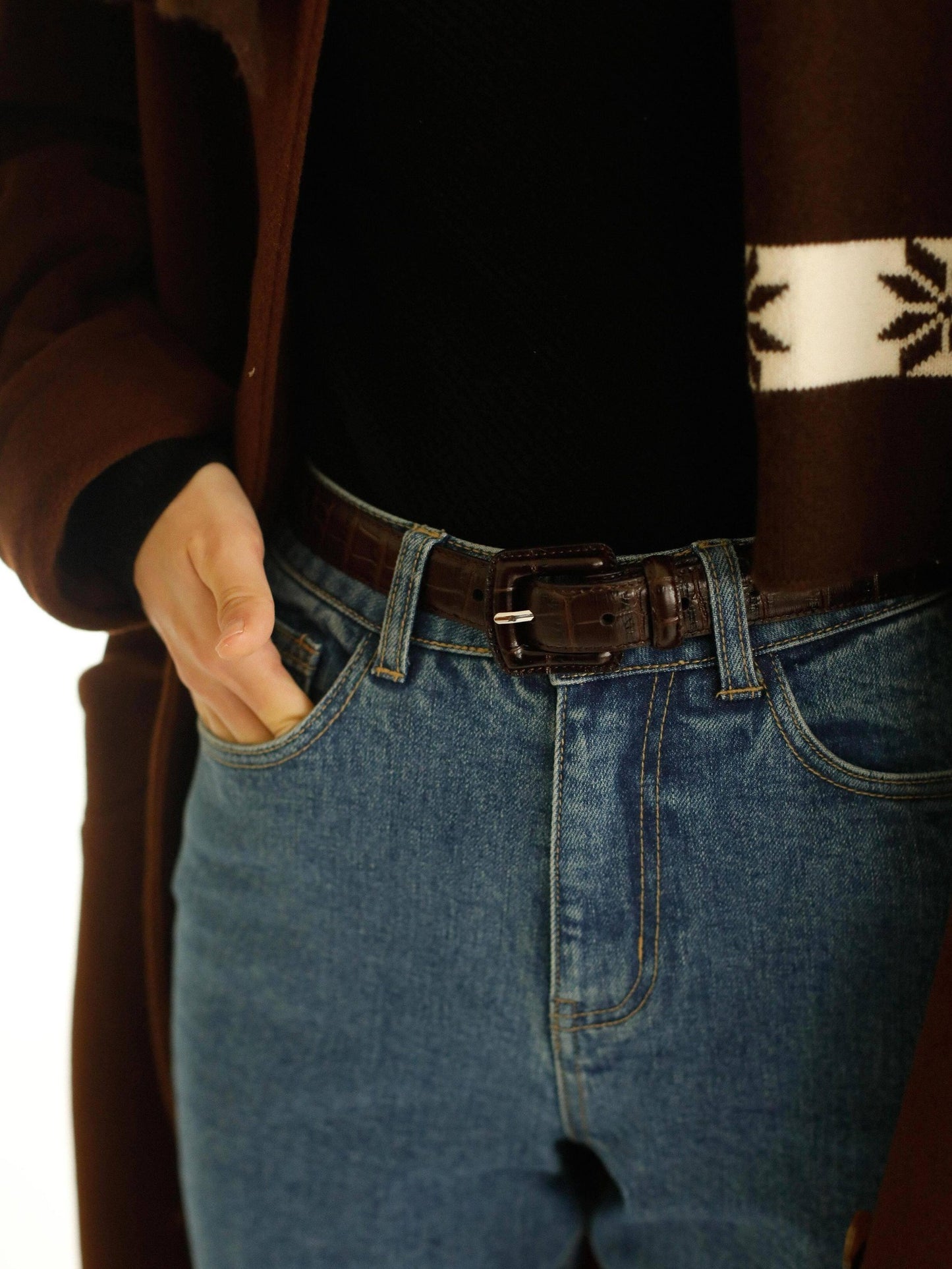 Miroment Top Grain Leather Casual Embossed Brown Women Slim 2.5Cm Buckle Belt