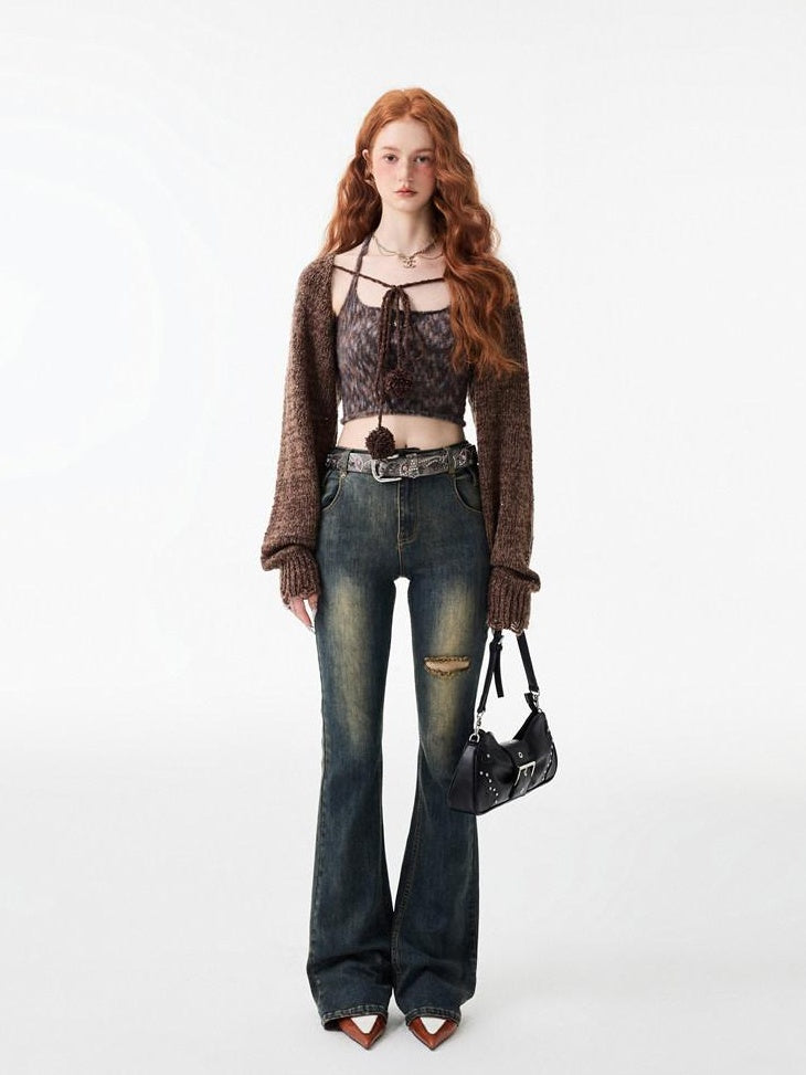 1JINN STUDIO Vintage Faded Thick Denim Slim Natural Waist Women Straight Leg Jeans