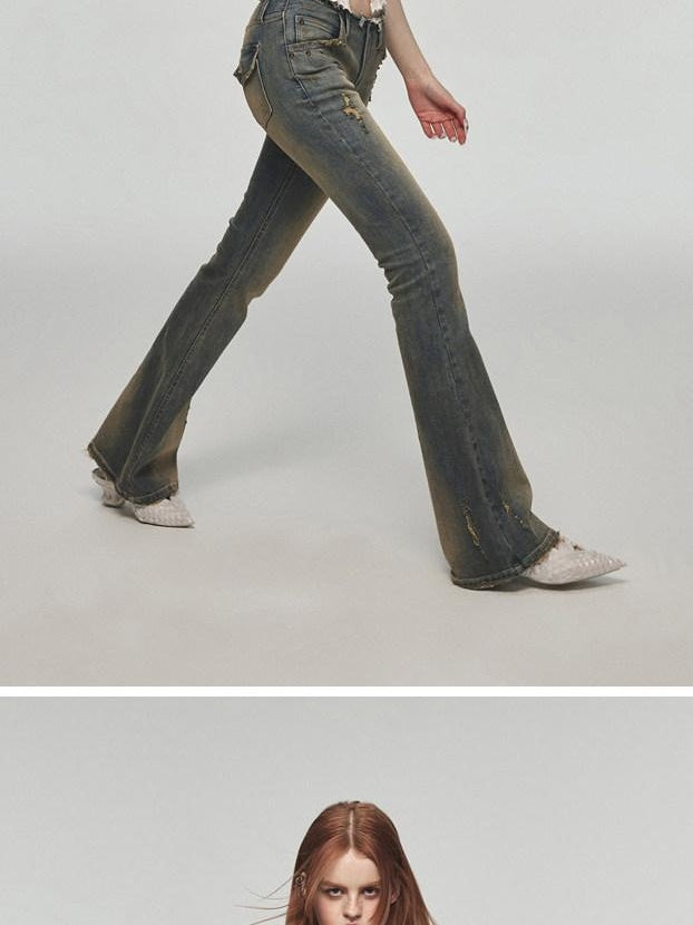 1JINN STUDIO Vintage Distressed Low Rise Slight Flare Blue Women Stretch Straight Leg Jeans