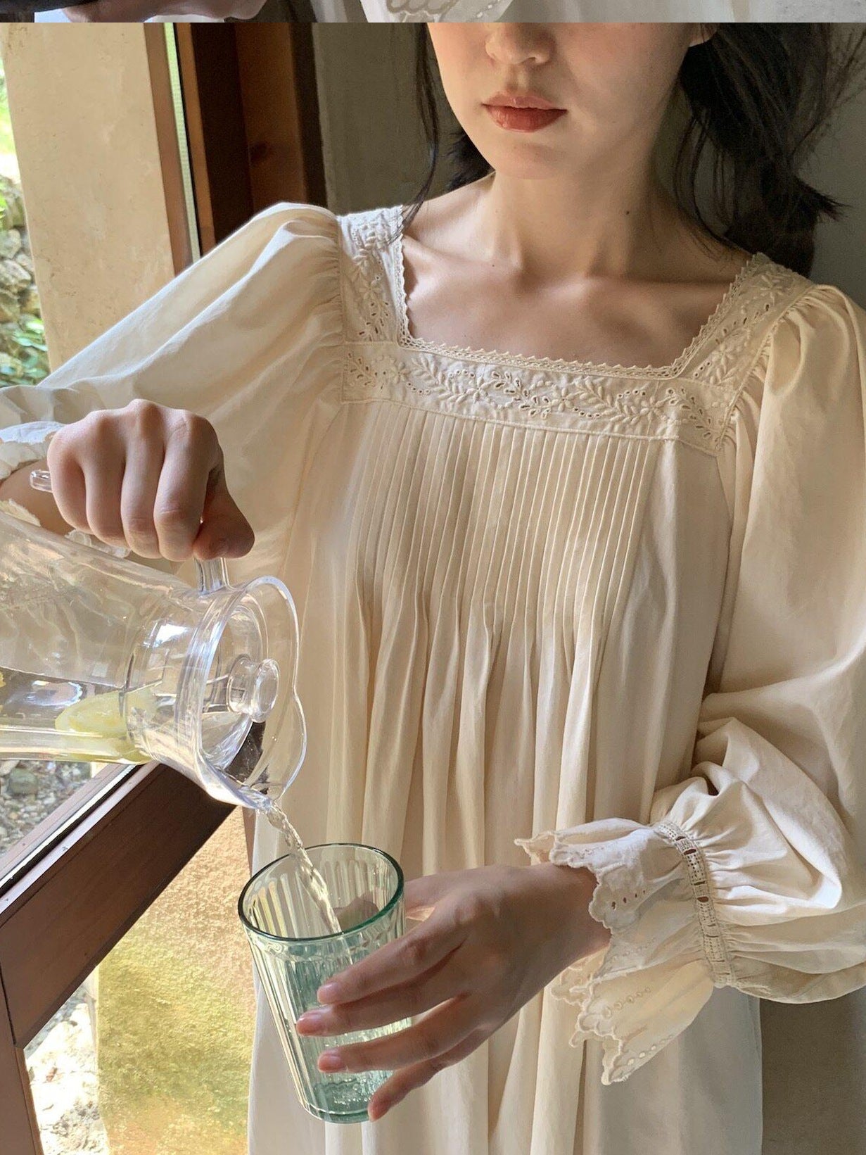 Miroment Organic Cotton Vintage Lace Long Sleeve Japanese Womens Elegant Maxi Dresses