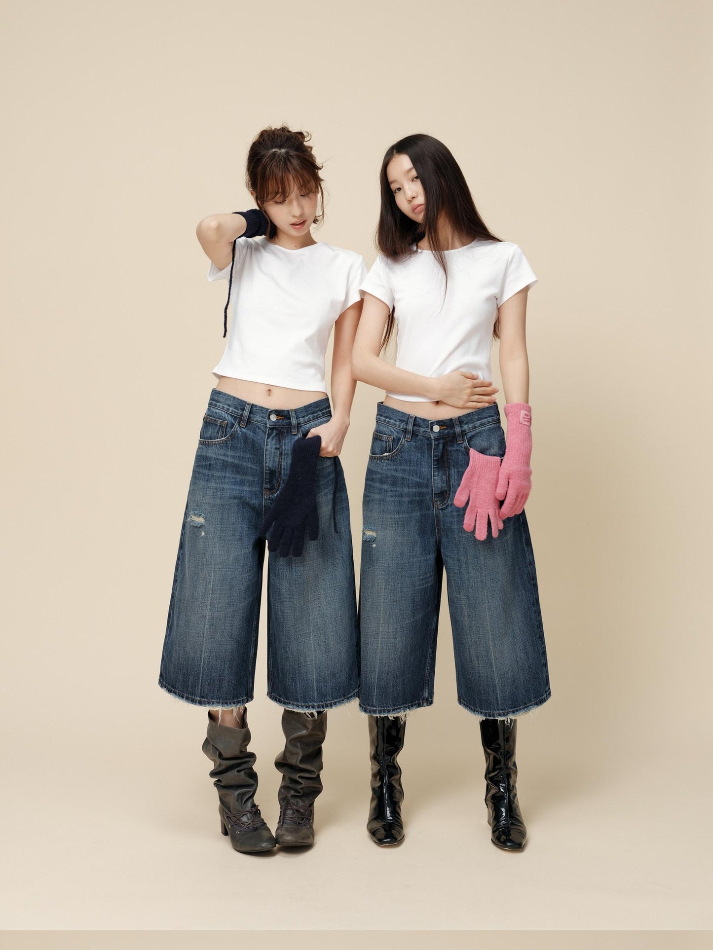 Miroment High Waist Button Fly Minimal Straight Ripped Women Cotton Cropped Jeans