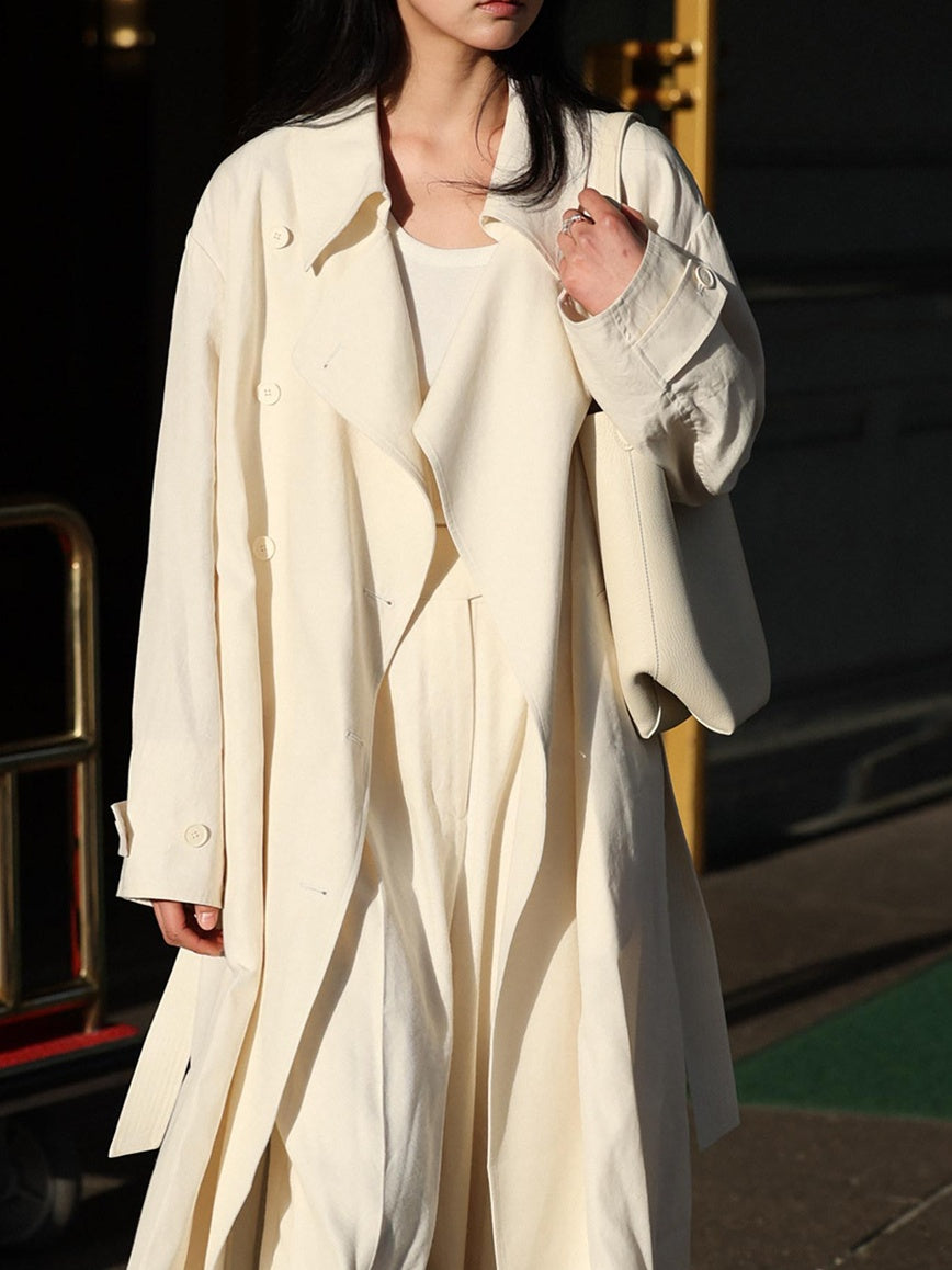 Miroment Elegant Wool Blend Double Breasted Tailored Midi Women Cream Long Trench Coat