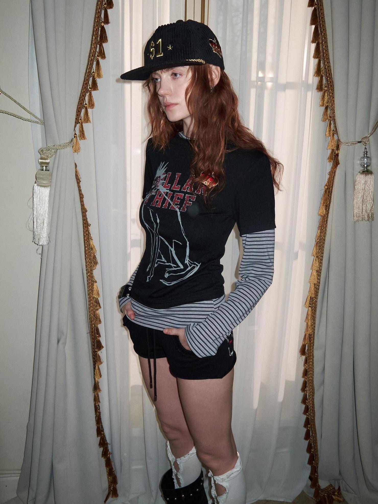 1JINN STUDIO Faux Layered Casual Letter Print Round Neck Women Black Long Sleeve T-Shirts
