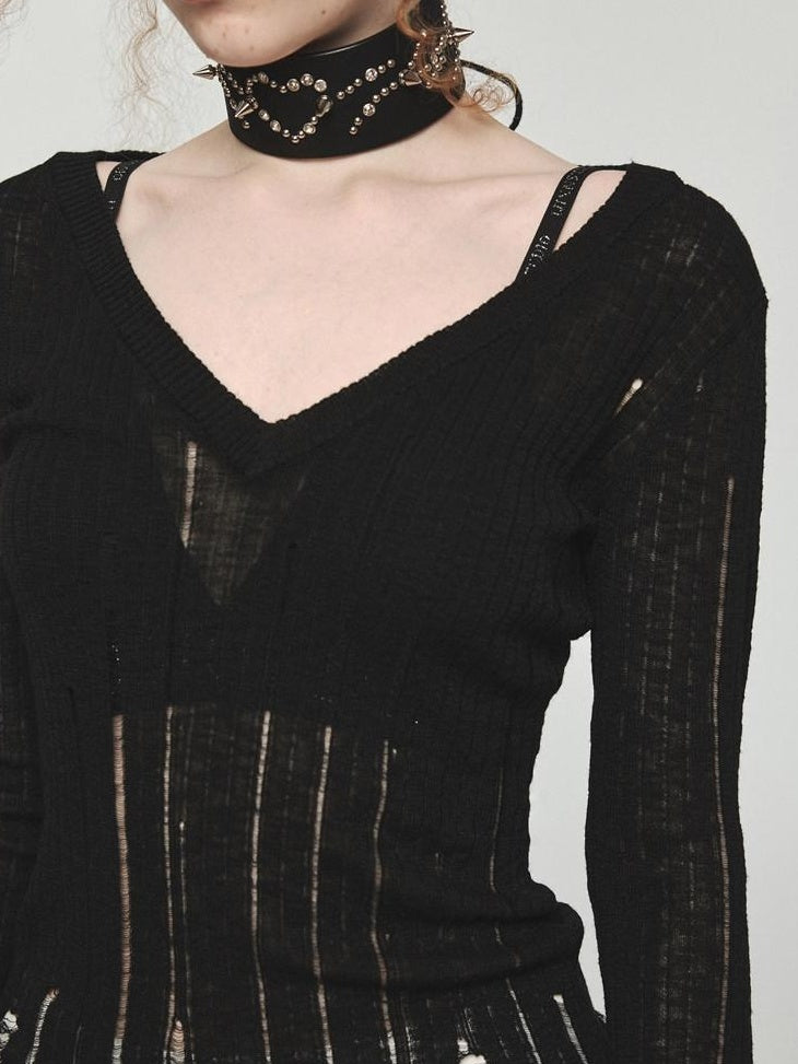 1JINN STUDIO Lightweight V-neck Hollowed Slim Waist Pullover Viscose Sweaters