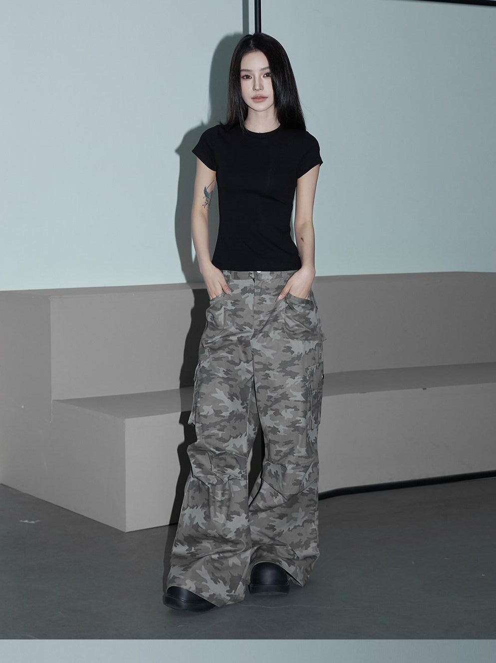 CrushOnit Versatile Camouflage Cargo Natural Waist Stretch Cotton Wide Leg Pants