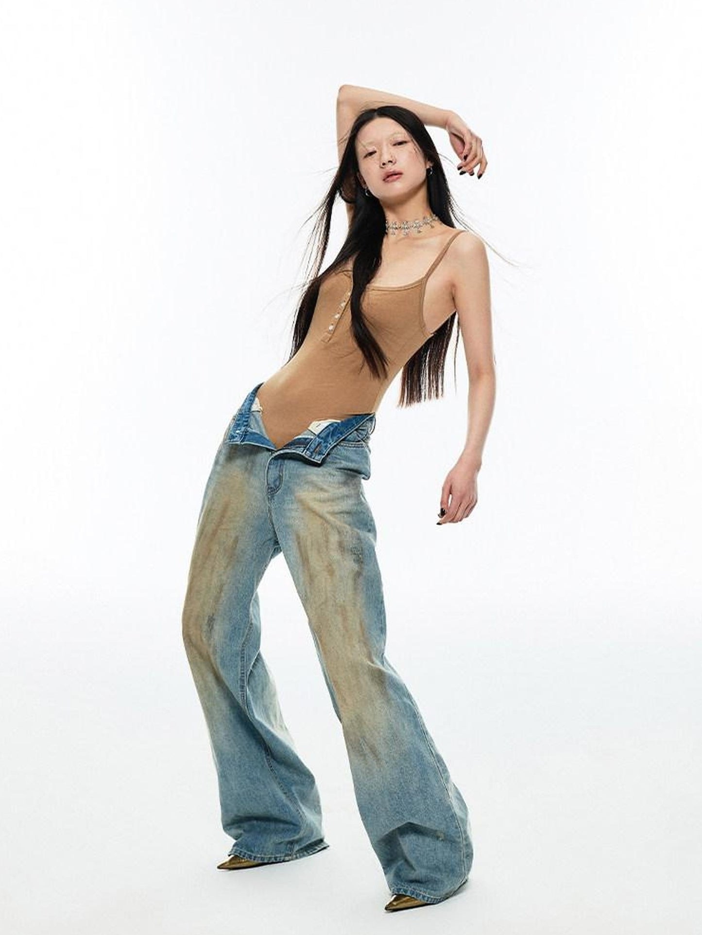 1JINN STUDIO Light Wash Relaxed Natural Waist Zip Fly No Stretch Casual Wide Leg Jeans