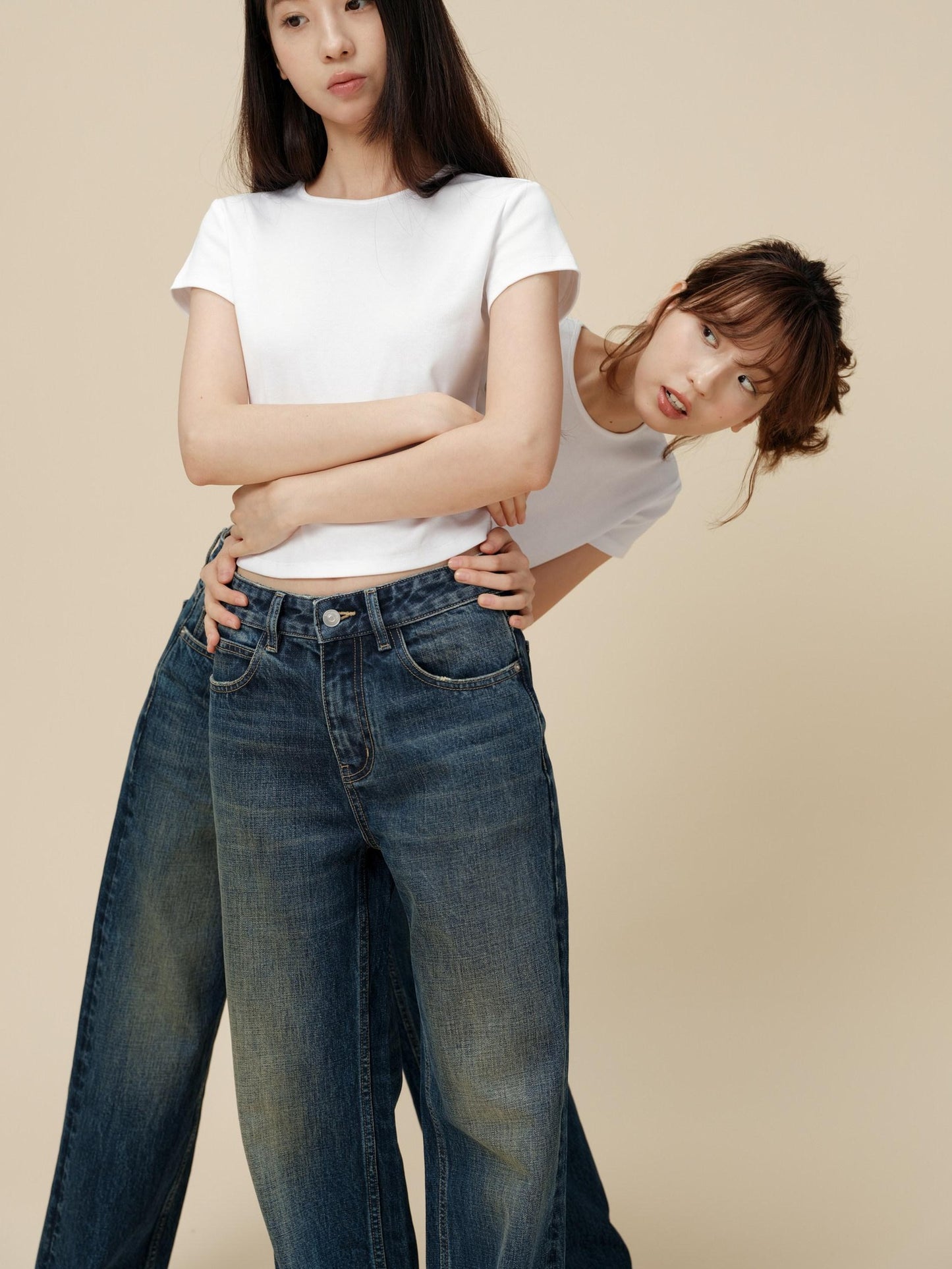 Miroment Vintage Distressed Straight Leg Mid Low Rise Button Fly Women Denim Jeans