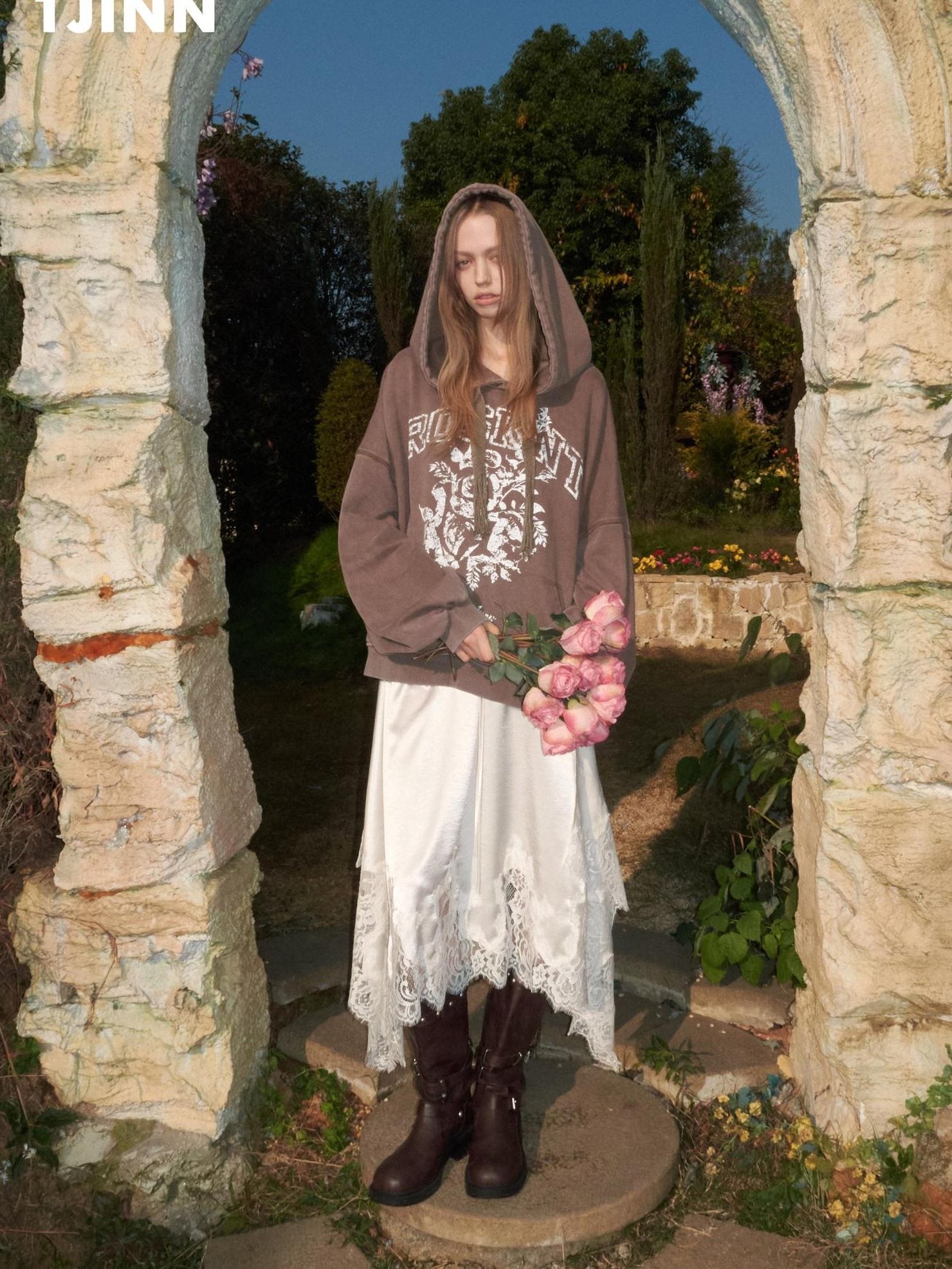 1JINN STUDIO Washed Cotton Rose Print Relaxed Fit Pullover Ruched Sleeves Girls Casual Hoodie
