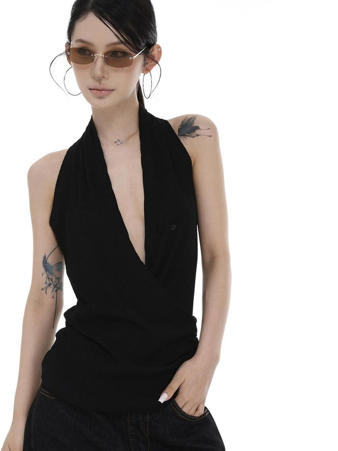 CrushOnit Original Design Patchwork Halter Stretch Cotton Regular Women Black Tank Tops