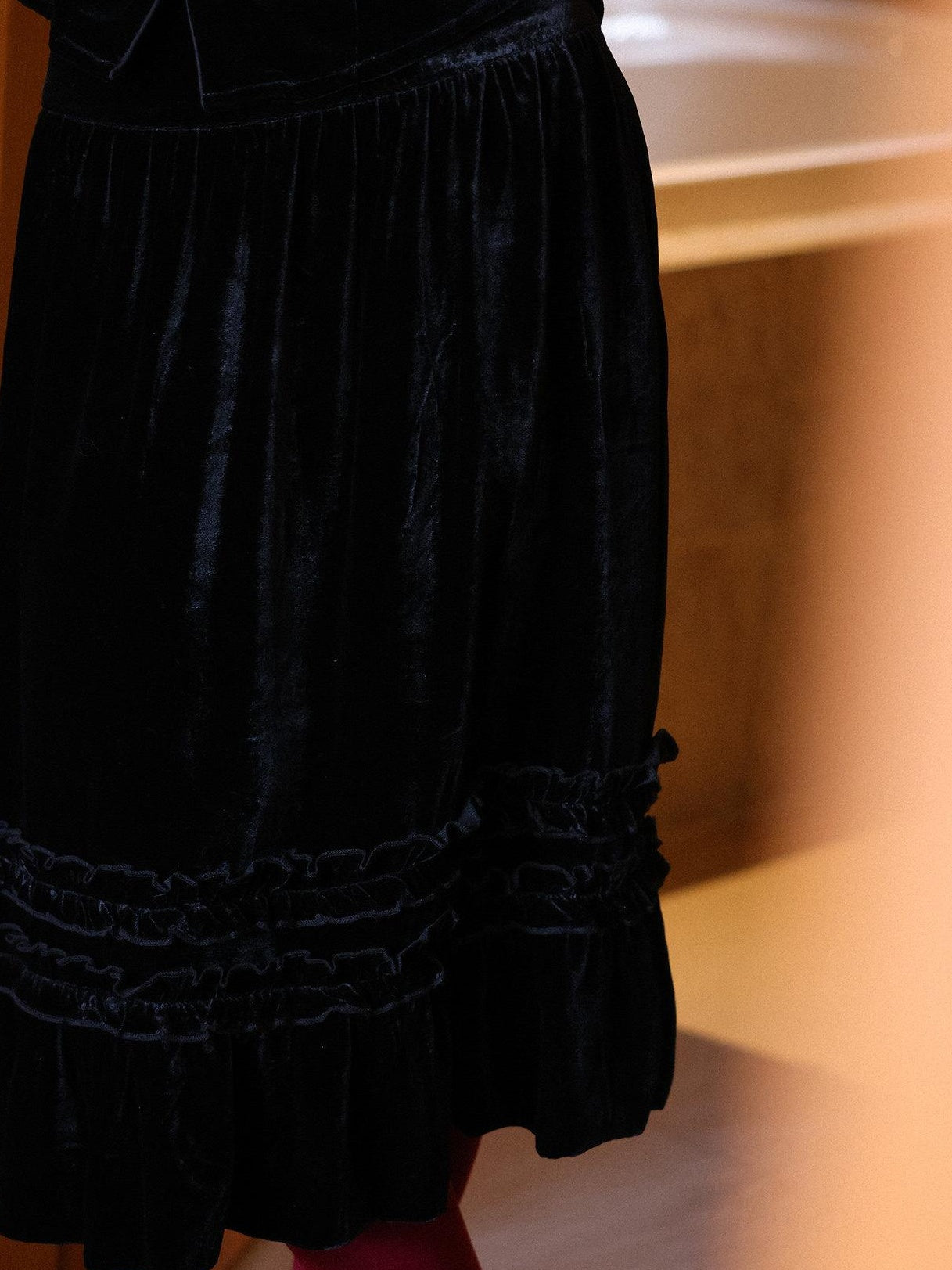 Miroment Elegant High Waist Silk Velvet Lace A Line Women Workwear Waltz Midi Skirt