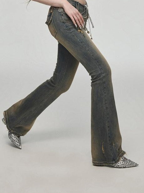 1JINN STUDIO Vintage Distressed Low Rise Slight Flare Blue Women Stretch Straight Leg Jeans