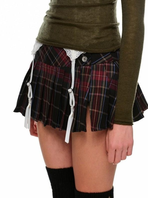 1JINN STUDIO Pleated Knit Low Waist Tie Detail Casual A Line Young Women Plaid Mini Skirts