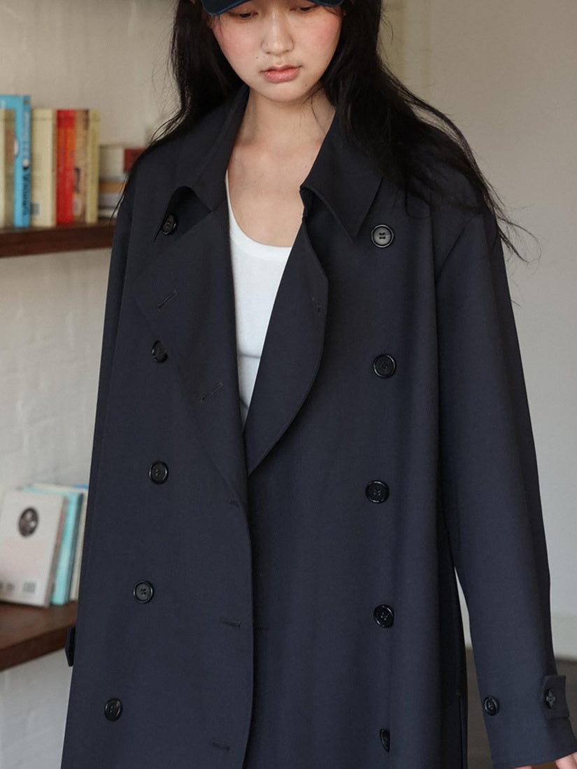 Miroment Elegant Wool Blend Double Breasted Tailored Midi Women Cream Long Trench Coat
