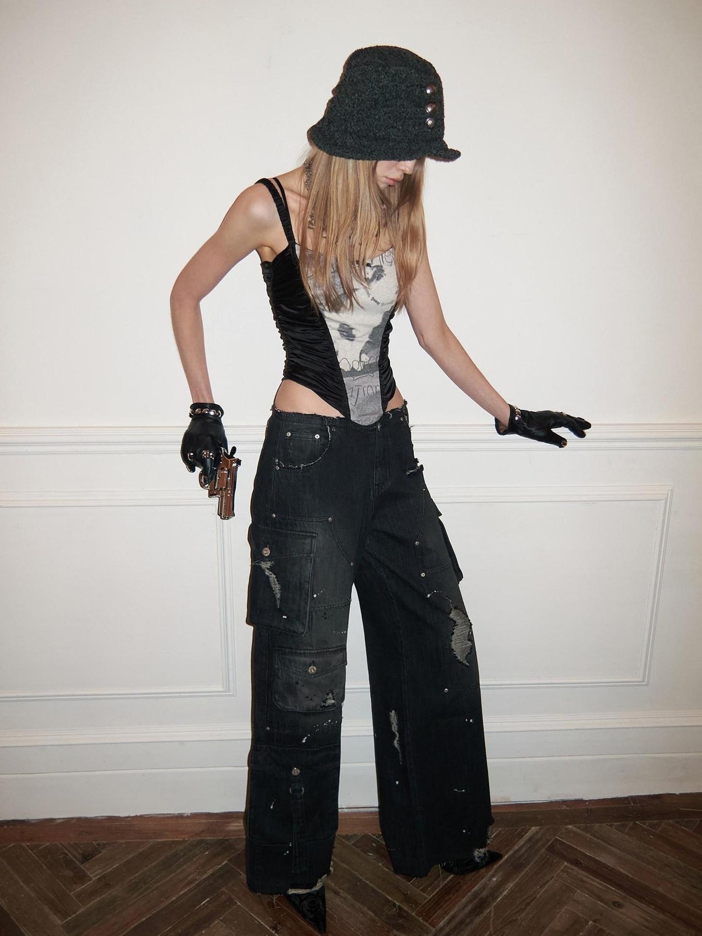 Washed Black Low Rise Cargo Pocket Button Fly Women Straight Leg Jeans