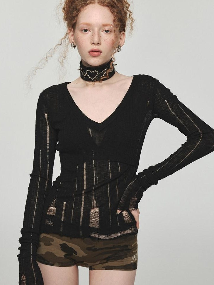 1JINN STUDIO Lightweight V-neck Hollowed Slim Waist Pullover Viscose Sweaters