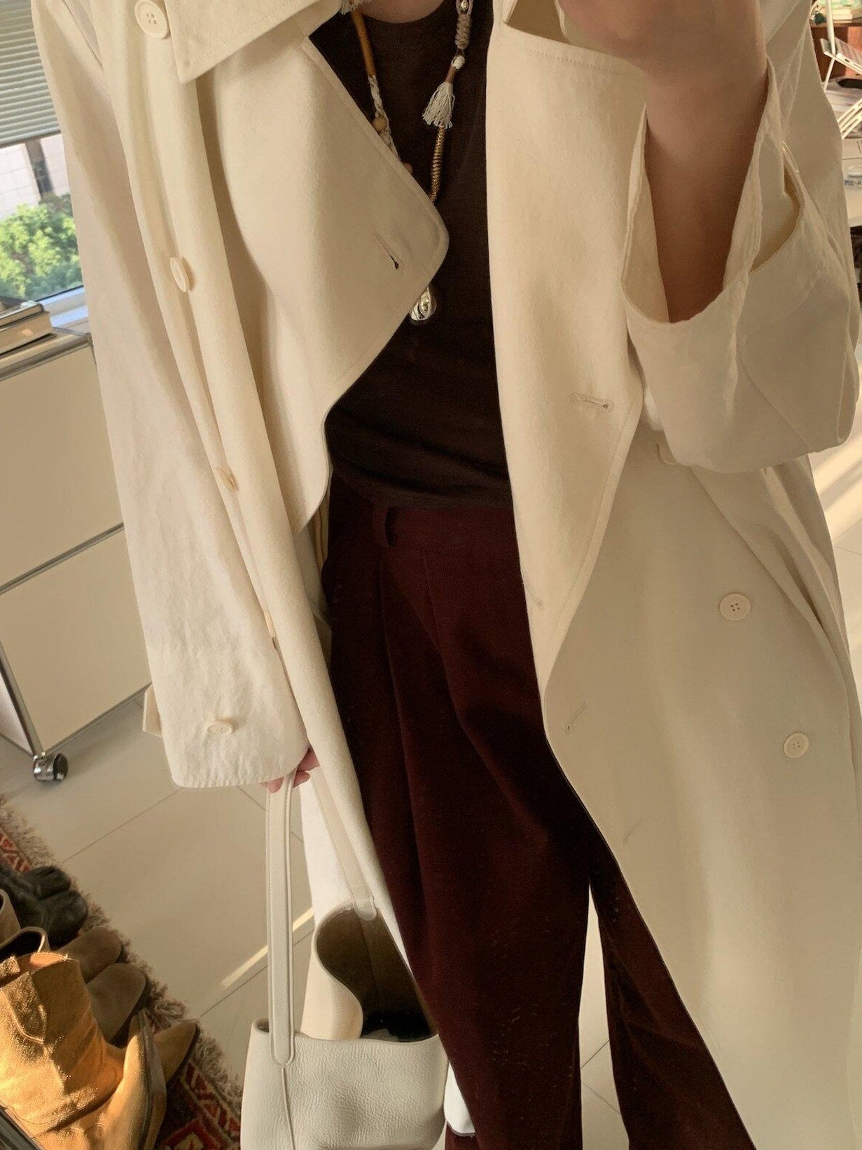Miroment Elegant Wool Blend Double Breasted Tailored Midi Women Cream Long Trench Coat
