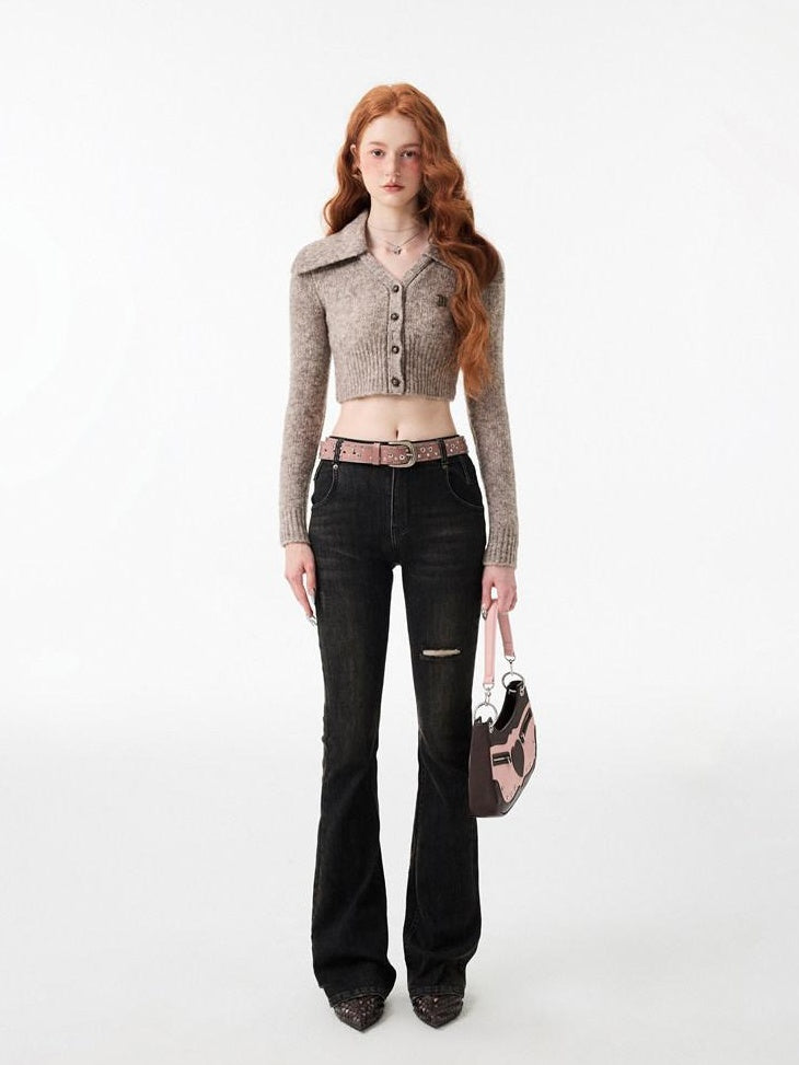1JINN STUDIO Vintage Faded Thick Denim Slim Natural Waist Women Straight Leg Jeans