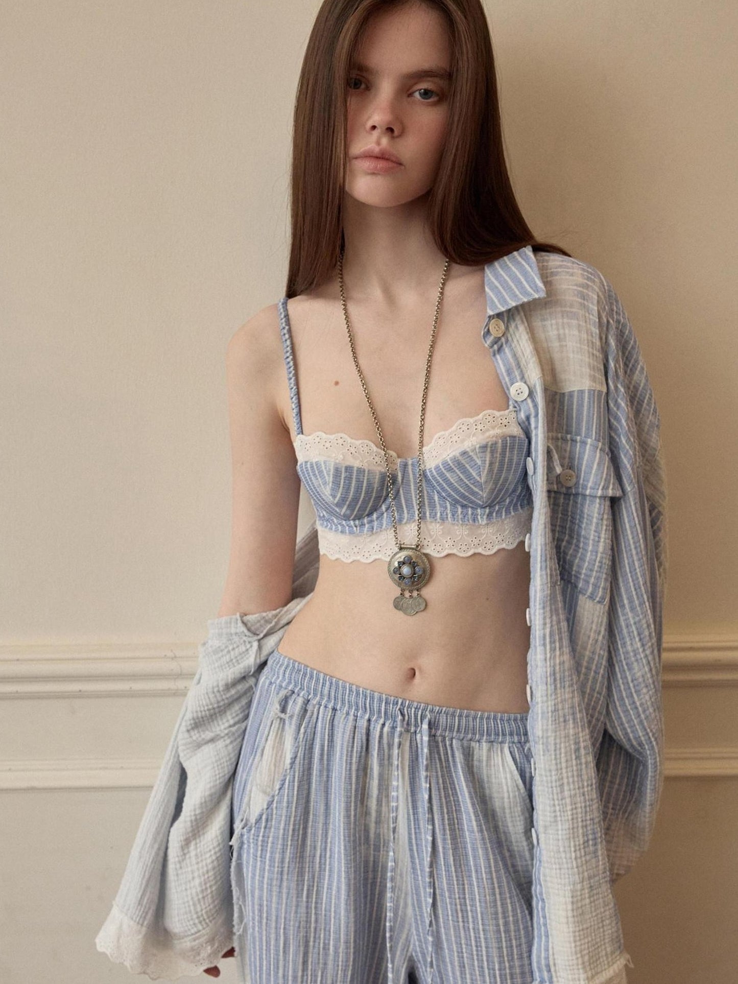 1JINN STUDIO Striped Lace Cotton Three Piece Straight Fit Female Shirt Style Tube Tops