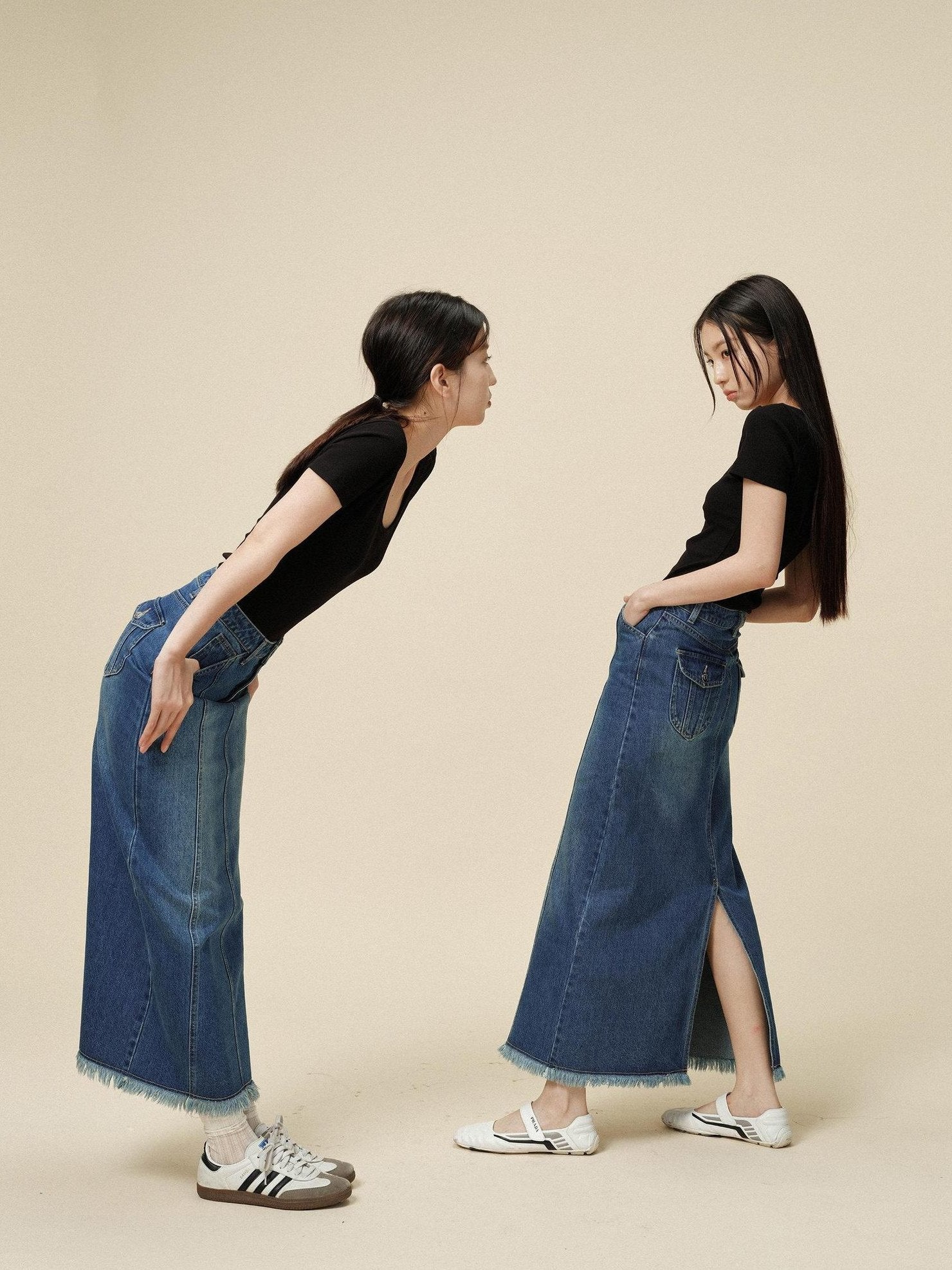 Miroment High Waist Vintage Distressed Fringed H Line Straight Cotton Women Denim Skirt