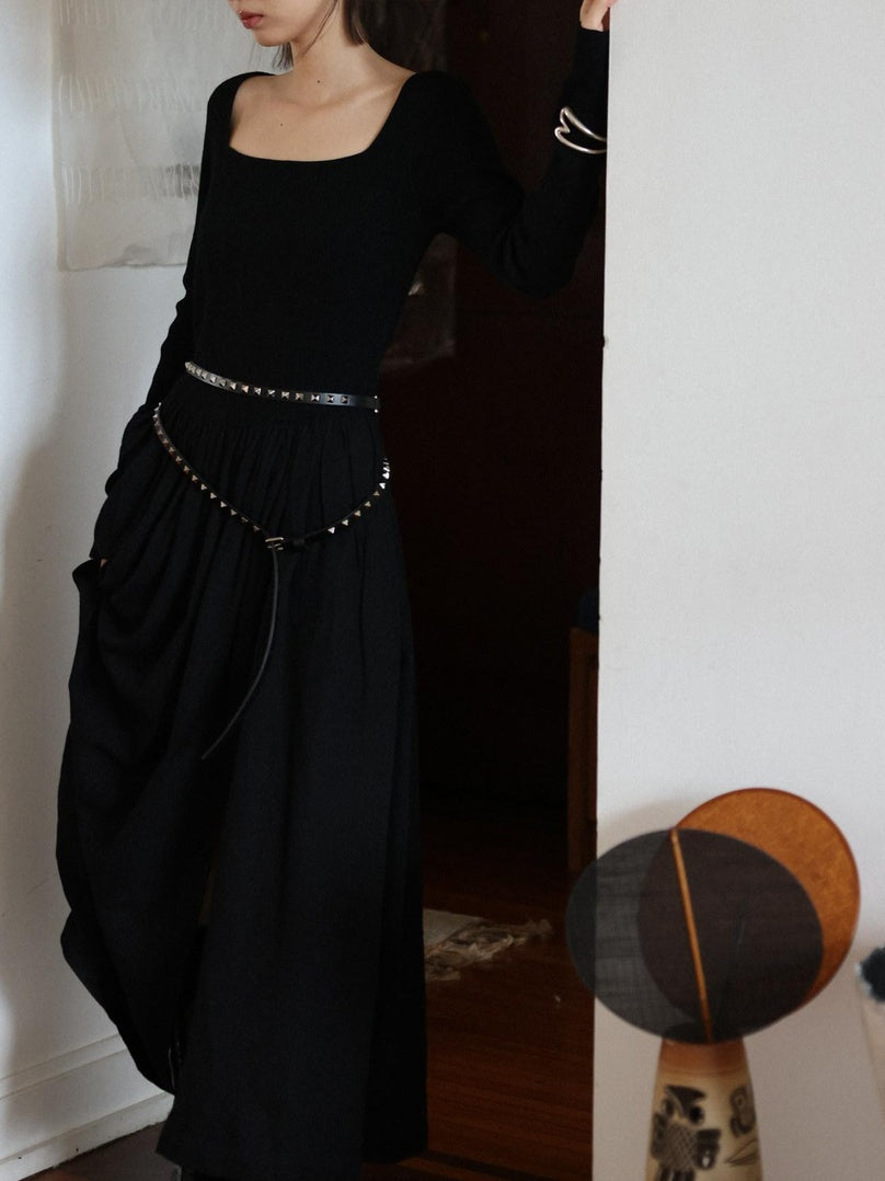 Miroment Soft Cotton Wool Blend Elegant Pleated Patchwork Mid Waist Maxi Dresses