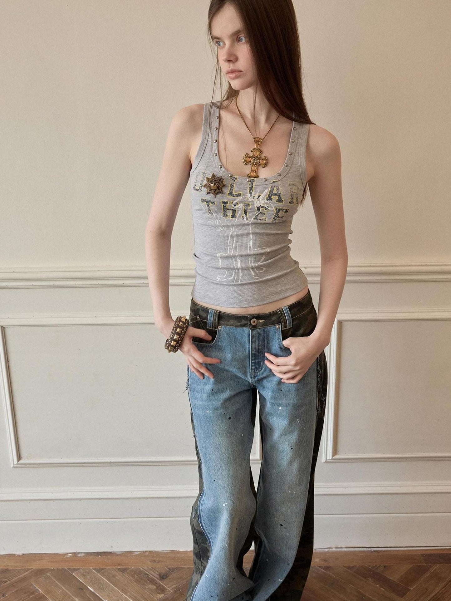 1JINN STUDIO 100 Percent Cotton Printed U Neck Cropped Slim Casual Women Racerback Knitwear