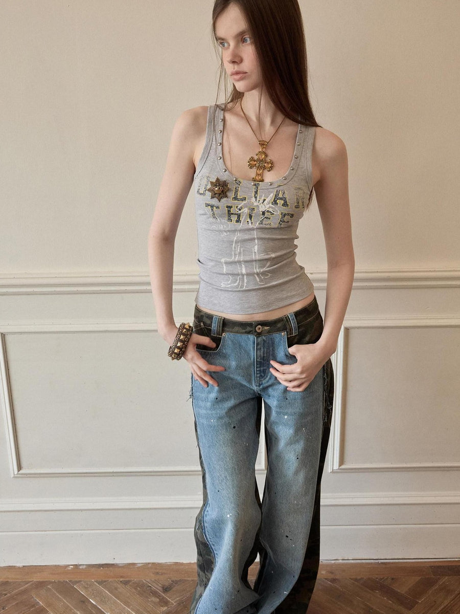 1JINN STUDIO 100 Percent Cotton Printed U Neck Cropped Slim Casual Women Racerback Knitwear