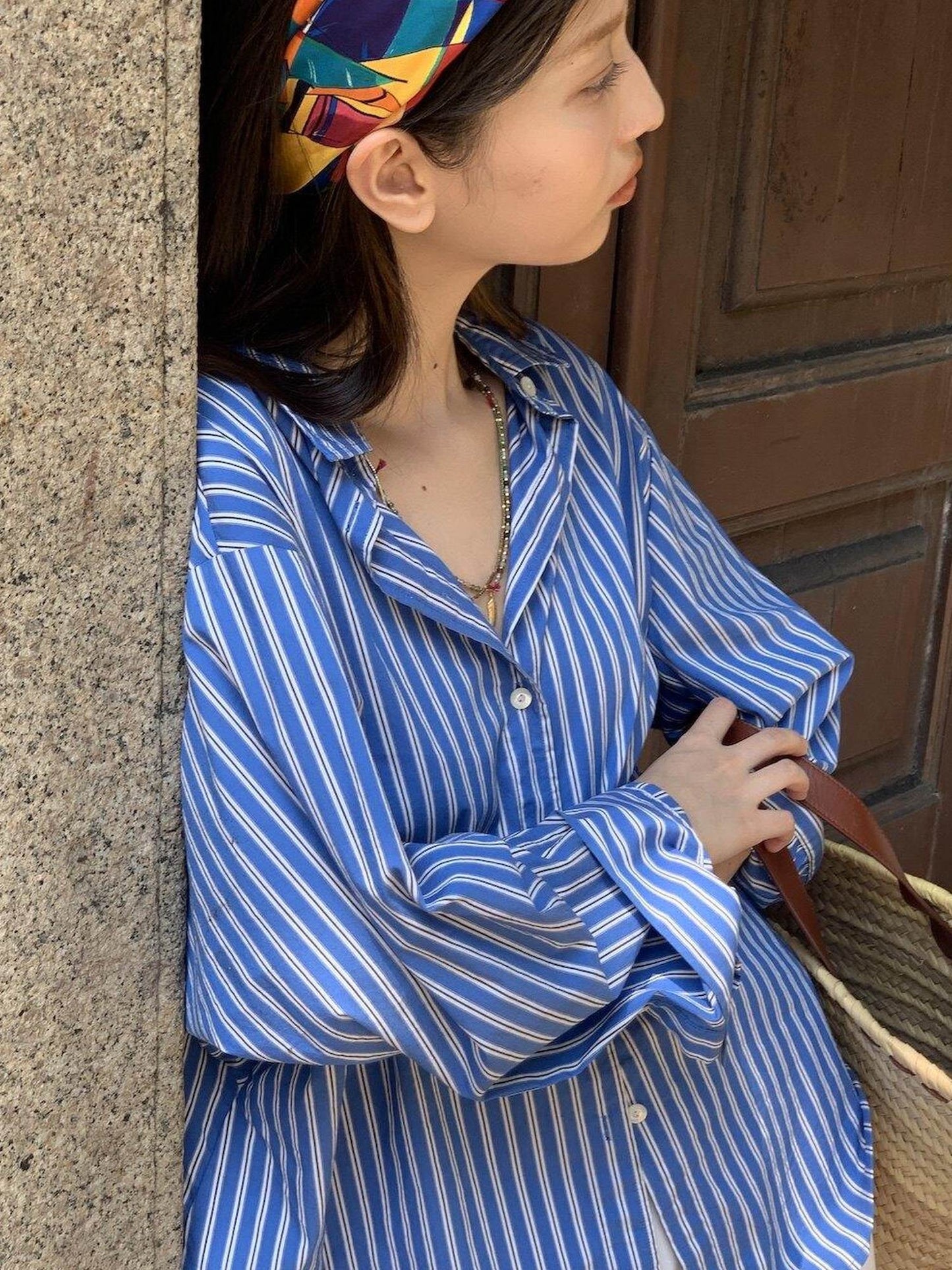 Miroment Soft Cotton Casual Loose Drop Shoulder Long Sleeve Women Durable Striped Shirt
