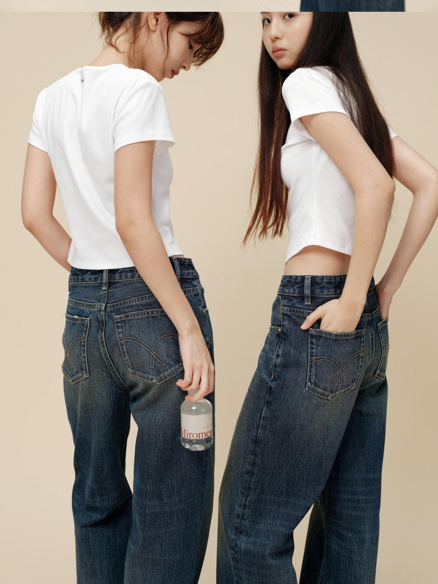 Miroment Vintage Distressed Straight Leg Mid Low Rise Button Fly Women Denim Jeans