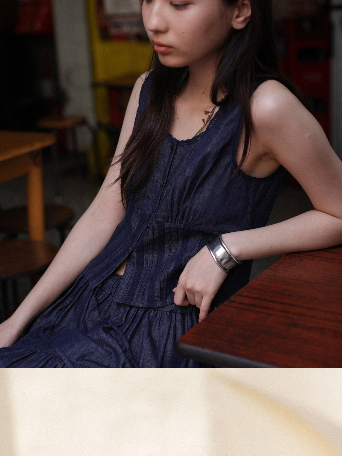 Miroment Sweet High Waist Pleated Tiered Cotton Yarn Dyed For Women Midi Skirt