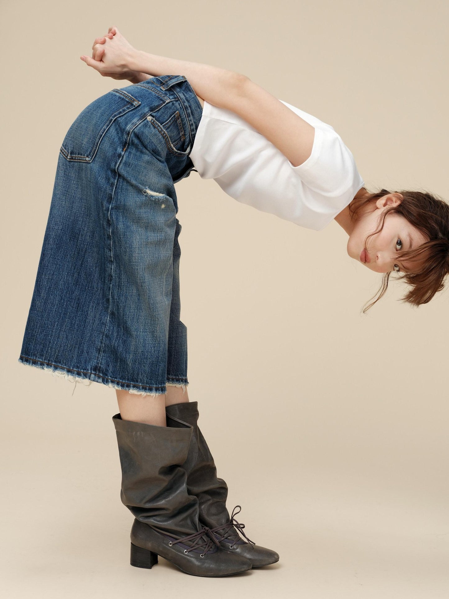 Miroment High Waist Button Fly Minimal Straight Ripped Women Cotton Cropped Jeans