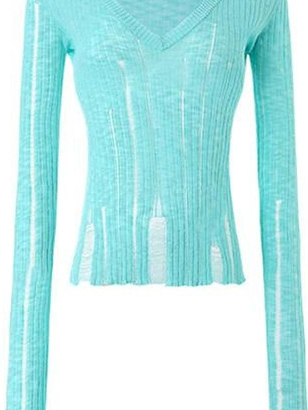 1JINN STUDIO Lightweight V-neck Hollowed Slim Waist Pullover Viscose Sweaters