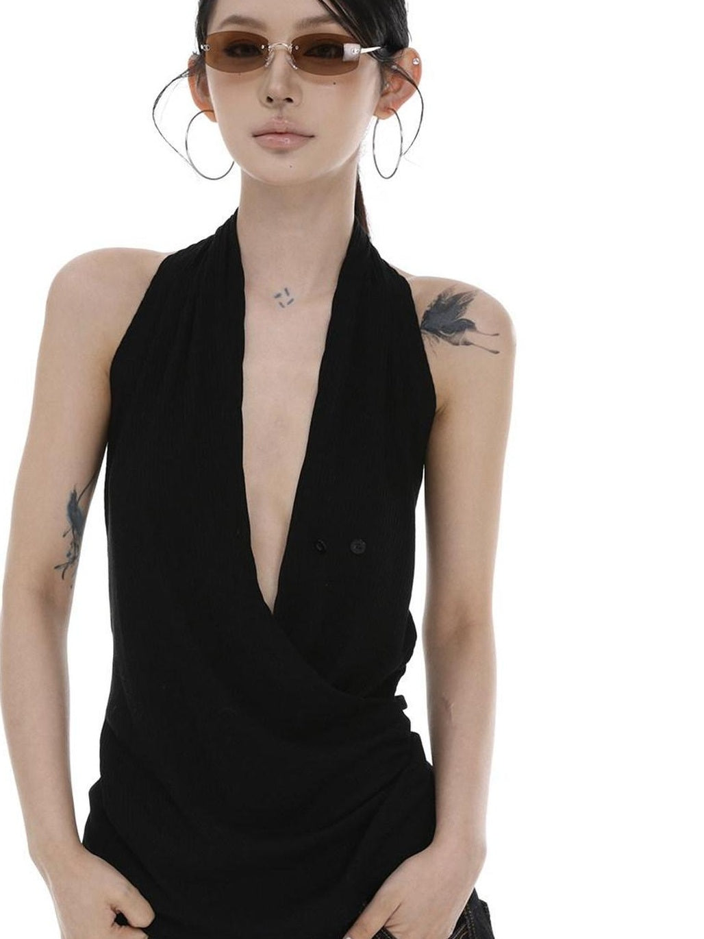 CrushOnit Original Design Patchwork Halter Stretch Cotton Regular Women Black Tank Tops